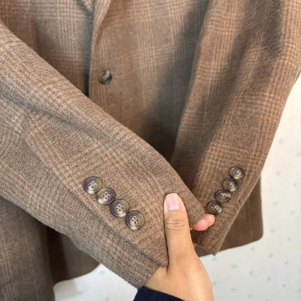 Jos a Bank 100% Camel Hair Sport Coat Size 46L Glen Plaid Brown Travel Business